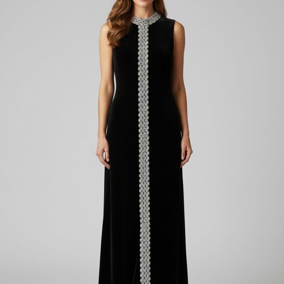 Vintage 70s Black Velvet Column DressSilver Thread & BeadingMod Evening